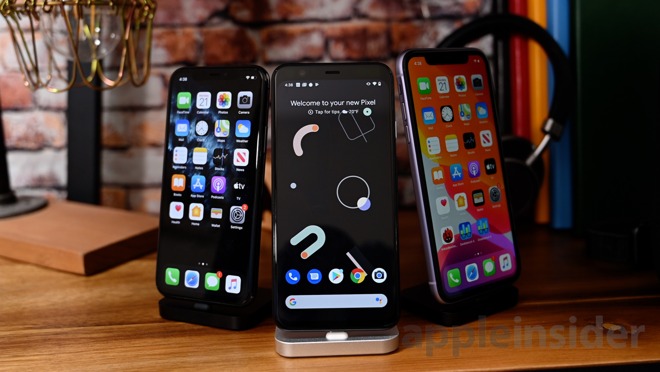iPhone 11 Pro (left), Pixel 4 (center), and iPhone 11 (right)