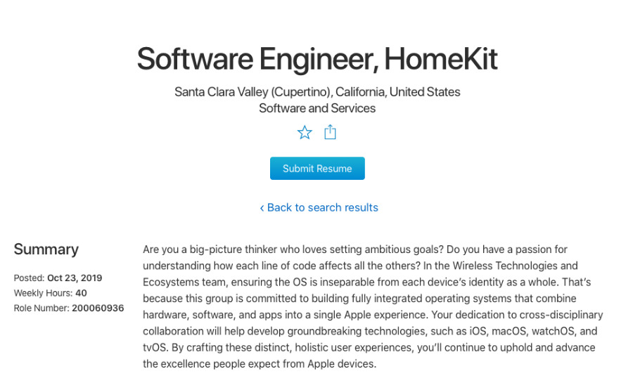 One of the current HomeKit-related jobs posted on Apple's recruitment site.