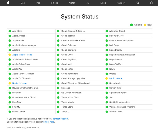 Apple status page as of 4:02 P.M. Eastern Time.