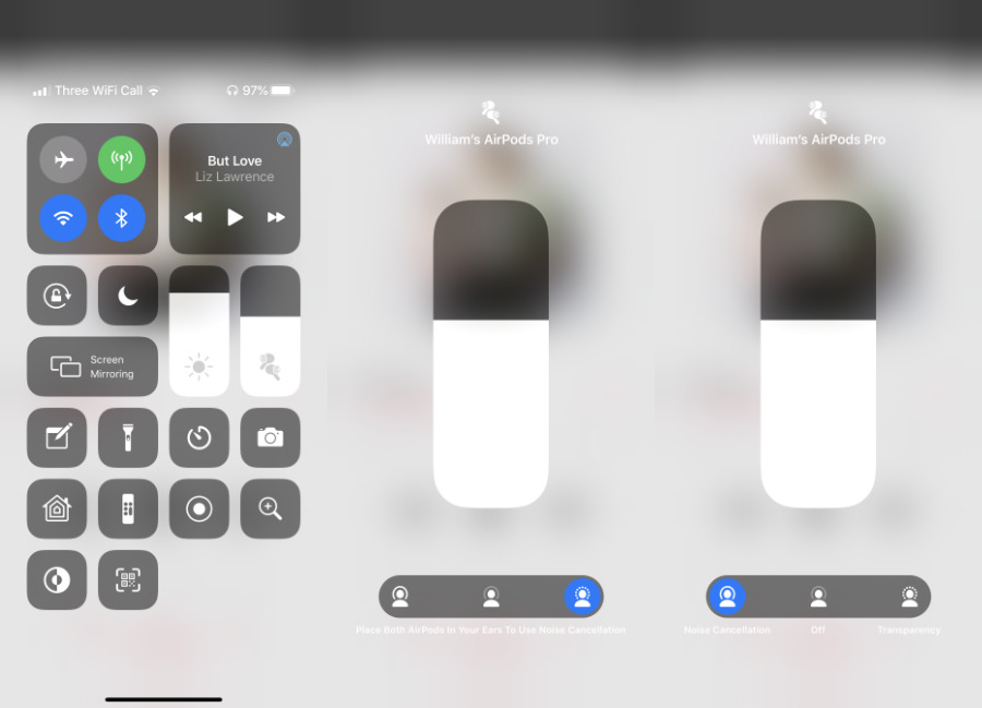 You can control Noise Cancelling in Control Center. Notice the middle image, though: there's a note at the bottom saying you can only have noise cancelling on if you're wearing both AirPods. We managed it with one, by accident, and it is extremely disorie