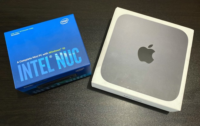 Mac mini and Intel NUC product boxes
