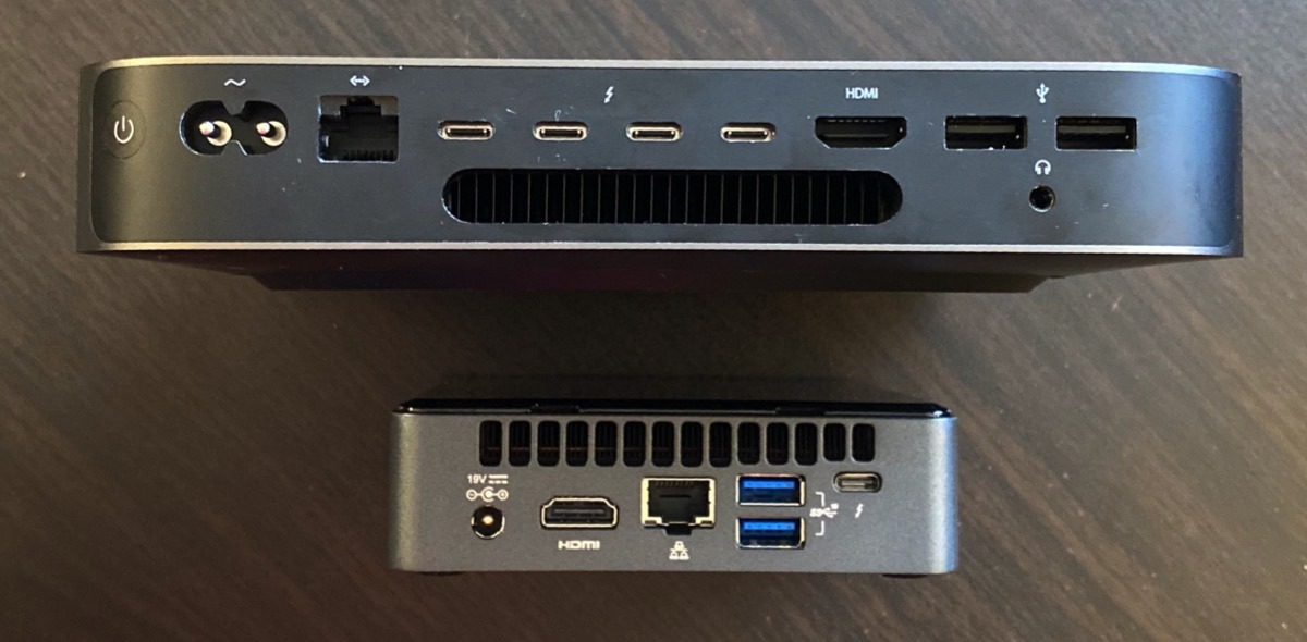 Ports on the back of the Mac mini and Intel NUC