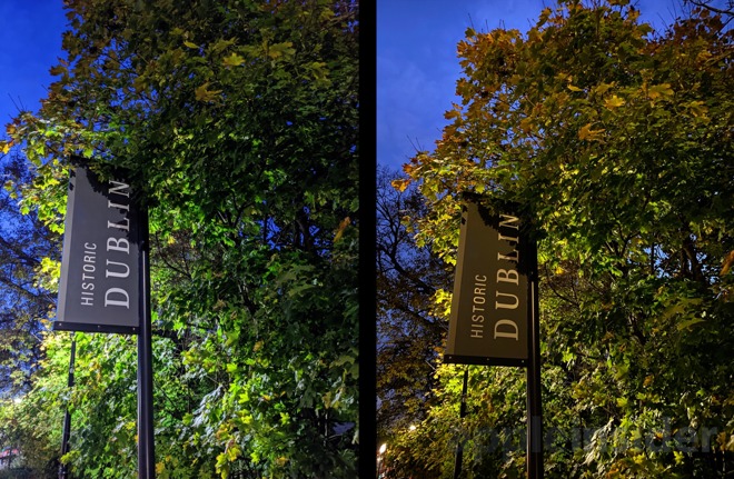 Pixel 4 (왼쪽) 및 iPhone 11 Pro (오른쪽)의 야간 모드