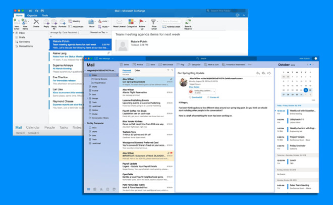Front: the new Outlook Mail for Mac, including My Day calendar pane. Back: the current Outlook Mail for Mac. (Sources: Microsoft, The Verge. Composite image: William Gallagher)