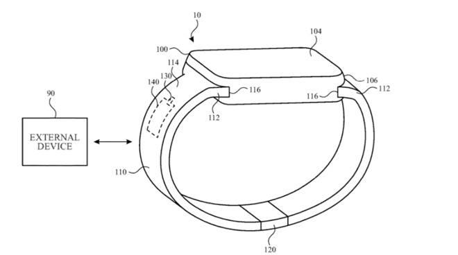 Detail from patent showing how an Apple Watch band with a wireless antenna could communicate with external devices