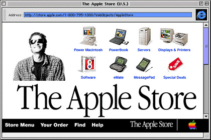 Back in the day, this was considered high resolution. A typical opening screen from the online Apple Store in its earliest days.