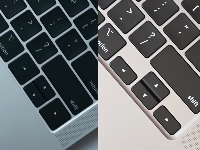 The 13-inch MacBook Pro keyboard arrow keys (left) compared to the 16-inch MacBook Pro version
