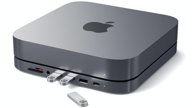 The Satechi stand presents ports at the front of the Mac mini