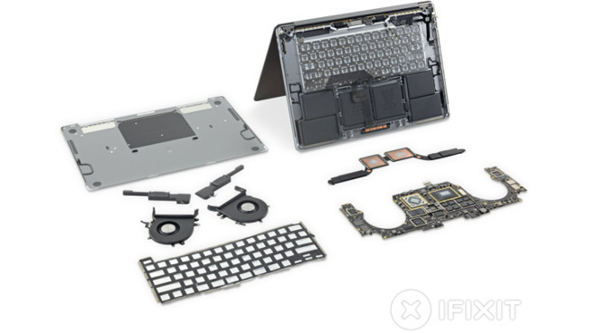 Apple says some repair work requires precision tools and processes. (Photo of 16-inch MacBook Pro components: iFixit)