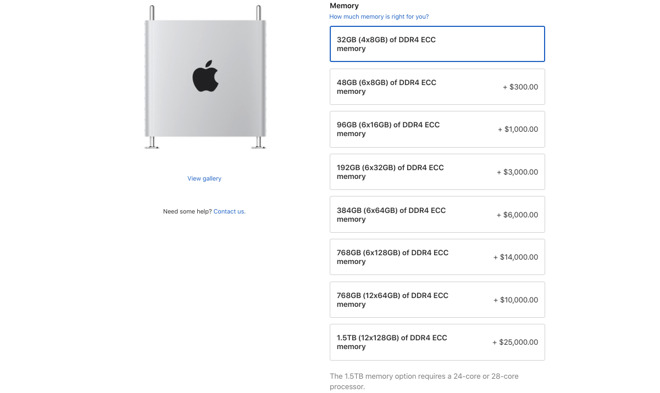 The list of available memory upgrade options within the Mac Pro sales page