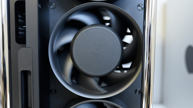 One of several massive cooling fans on the Mac Pro that remain quite quiet