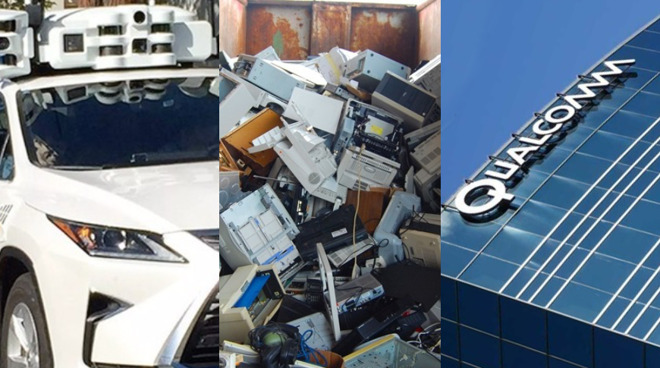 April 2019 saw yet more Apple Car news (left), e-waste problems starting (center), and Qualcomm issues being resolved (right)