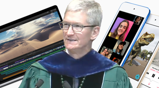 Left: the new 15-inch MacBook Pro. Right: the new iPod touch. Center: Tim Cook at Tulane University