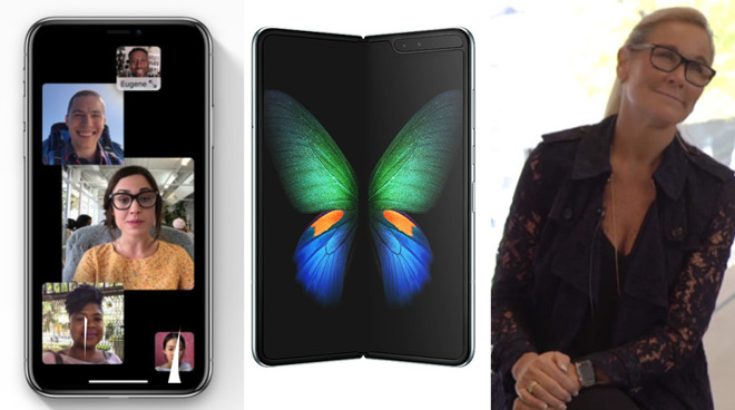 February 2019 featured the Group FaceTime bug (left), Samsung's folding phone (center), and Angela Ahrendts leaving Apple (right)