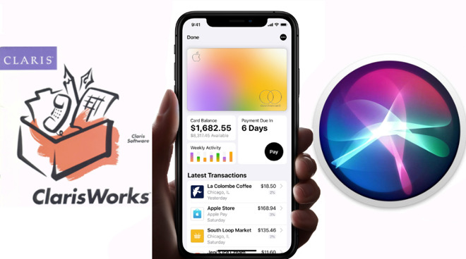 August 2019: FileMaker revives the old Claris name (left); Apple Card launches (center) and Siri is listening to you (right)