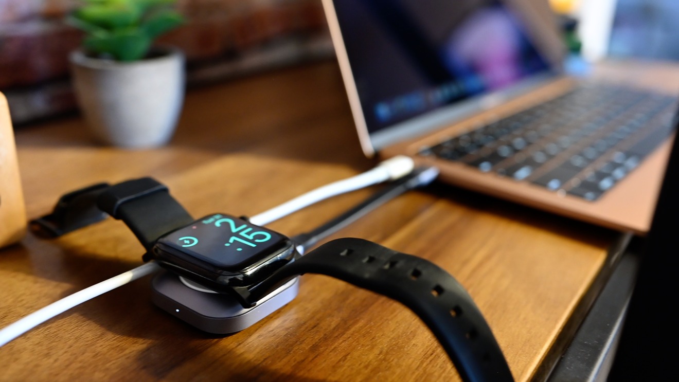 Satechi's new USB-C Apple Watch Dock connected to MacBook Air with the extension cable