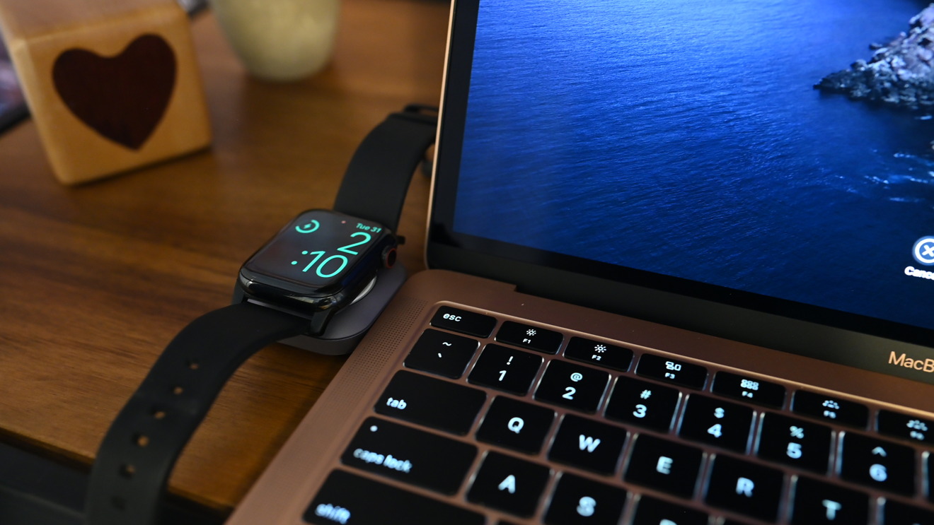 Satechi's new USB-C Apple Watch Dock connected to our MacBook Air