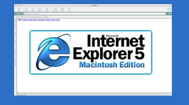 Composite reconstruction of Internet Explorer 5's splash screen on a typical browser window of the time.