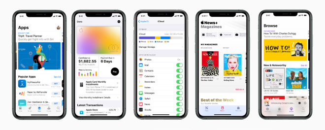 Apple Services on iPhone. L-R App Store, Apple Card, iCloud, Apple News+, Apple Podcasts