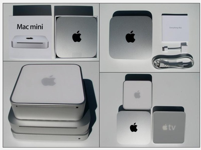 The redesigned 2010 Mac mini compared to its predecessor and the then-new Apple TV.
