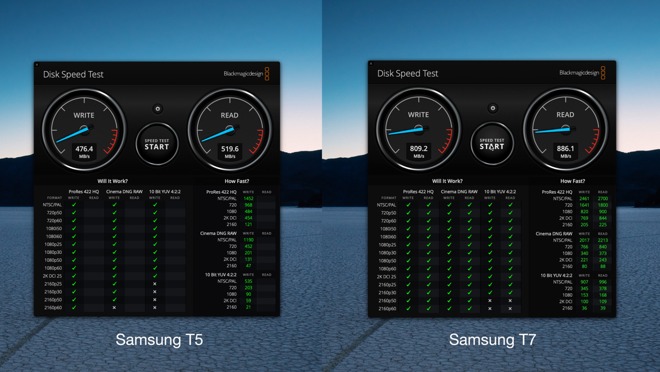 Comparing the speeds of the Samsung T5 SSD (left)and the new T7 Touch SSD (right)