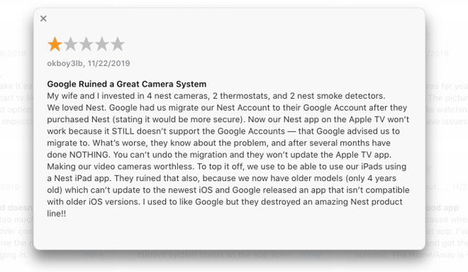An App Store review for the Nest app showing some of the effects of Google's lack of updates