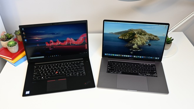 Lenovo X1 Extreme Gen 2 (left) compared to the 16-inch MacBook Pro (right)