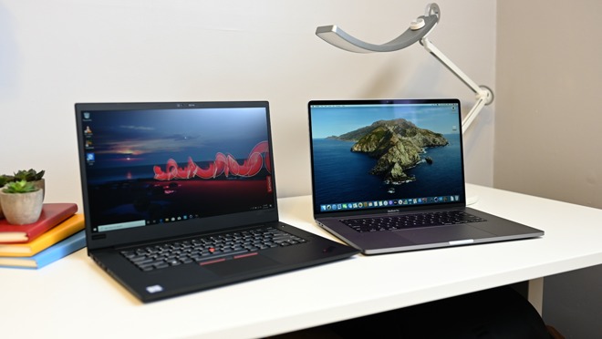 Lenovo X1 Extreme (esquerda) e Apple 16-inch MacBook Pro (direita))