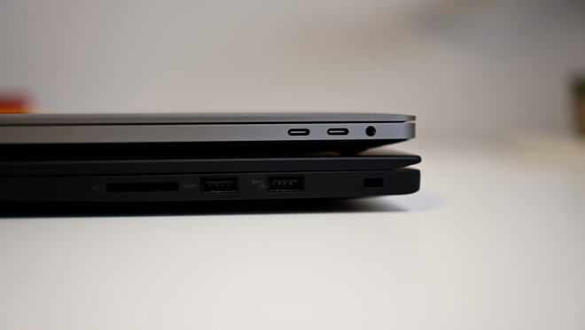 The right-side ports of the X1 Extreme and MacBook Pro 16-inch