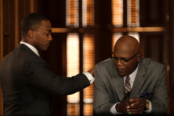 Anthony Mackie and Samuel L. Jackson in Apple TV+ The Banker