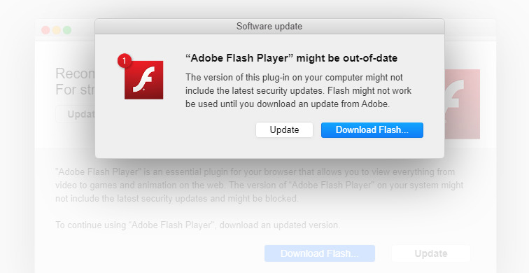 A fake Flash update notification on a site. (Source: Kaspersky)