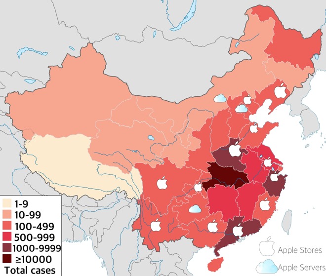 Apple vs coronavirus; infection map provided by Wikipedia