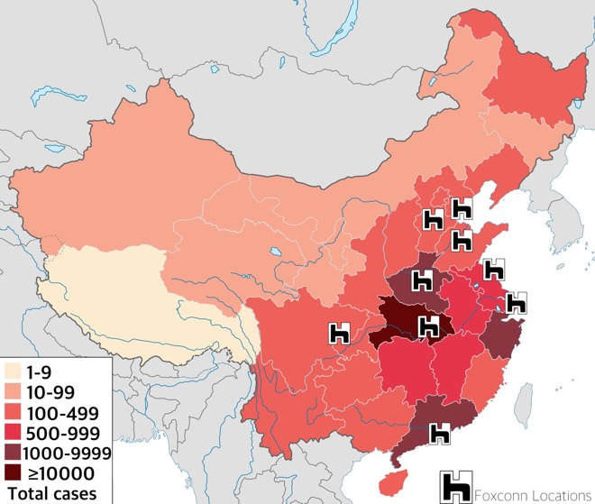 Foxconn vs coronavirus; infection map provided by Wikipedia