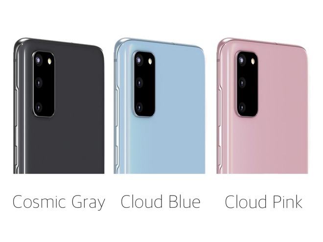 The three S20 colors: Cosmic Gray, Cloud Blue, and Cloud Pink