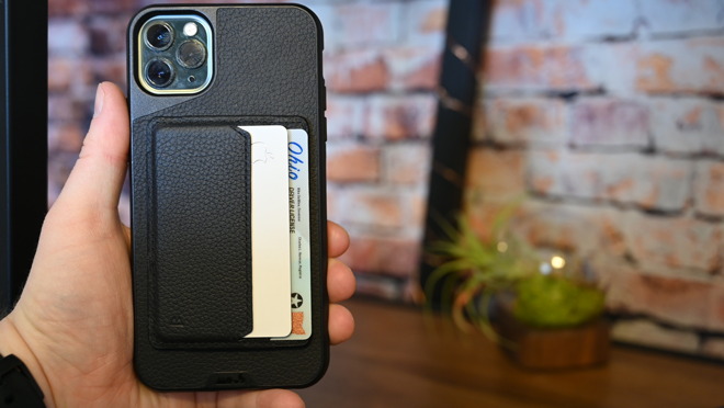 The Mous card wallet on the back of an iPhone 11 Pro Max