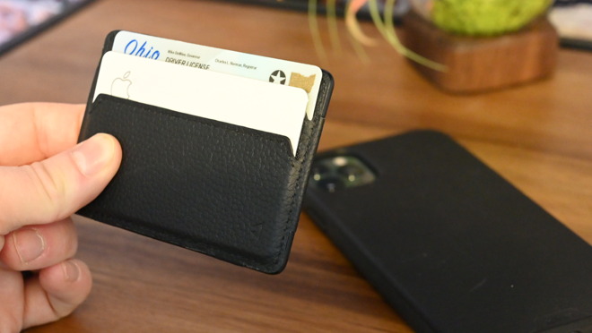 Mous Card Wallet is slim, holds two cards, is wrapped in leather, and magnetically connects to the back of the phone case
