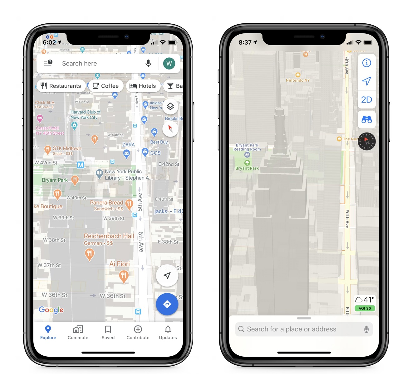 Google Maps shows every bit of data it can squeeze onto the screen, Apple Maps takes a more subtle approach