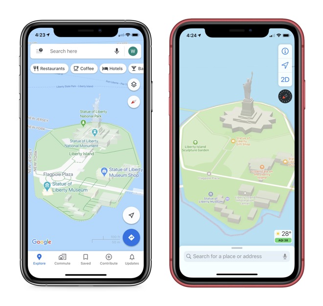 Google Maps shows walkways better, while Apple Maps iconography and colors make each location distinct