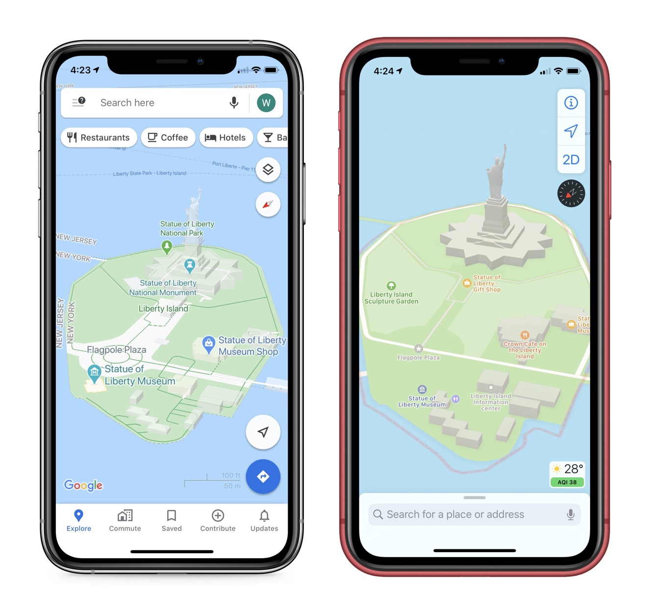 Google Maps shows walkways better, while Apple Maps iconography and colors make each location distinct