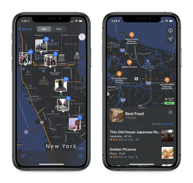 Apple Photos using Apple Maps to express location metadata (left) and Collections showing favorite places to eat (right)
