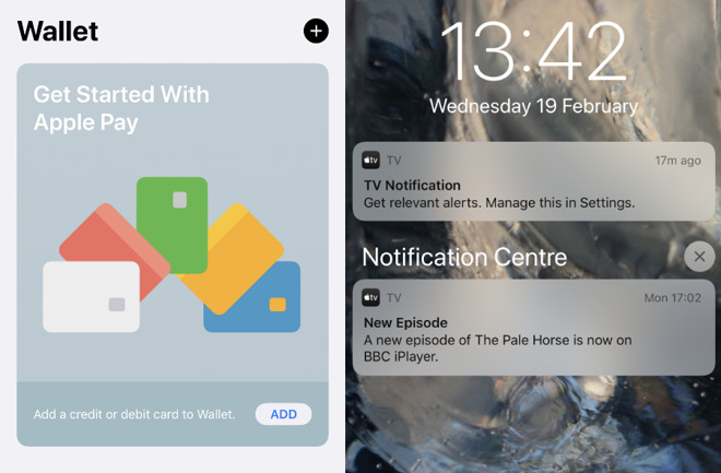 Left: an ad for Apple Wallet. Right: a pushed notification for TV -- but that's not an Apple show, and it also pushed how to stop such notifications