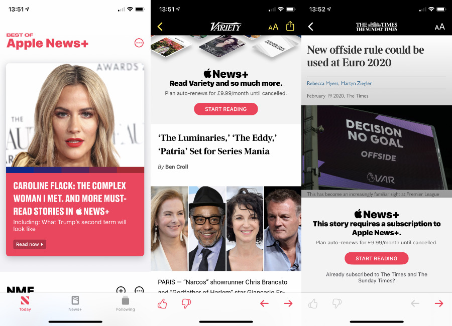 Left: a promo for Apple News+. Middle: a story you can read but also promotes subscribing. Right: a story you can't read without subscribing - and you don't know that until you get this far
