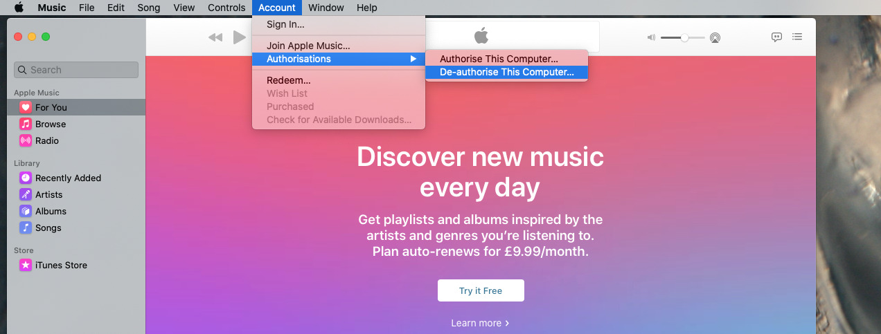 You haven't authorized or de-authorized anything since you signed up for Apple Music, but remove the authorisation now because you may need it later