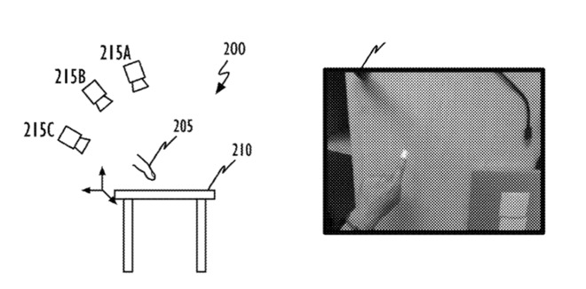 Detail from the patent showing a drawing of a multi-camera system and (right) a photo of a fingertip being detected