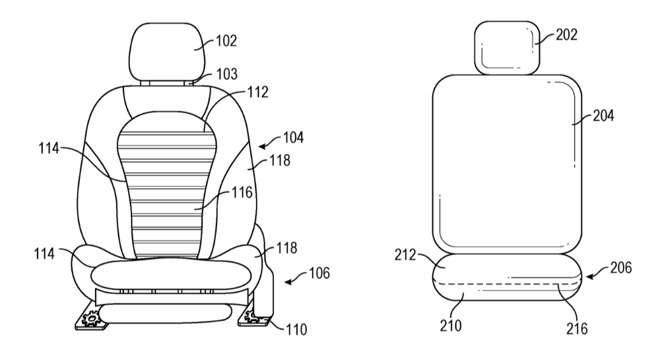 Left: how a current car seat is typically dividedi into sections. Right: Apple's proposal for a simpler version, but with motorised elements.