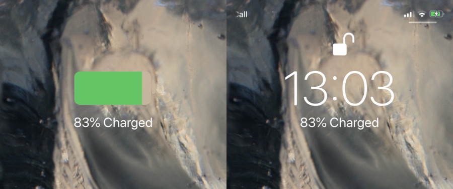 Your iPhone will show briefly show you the battery percentage when you put it on charge (left), or take it off again (right)