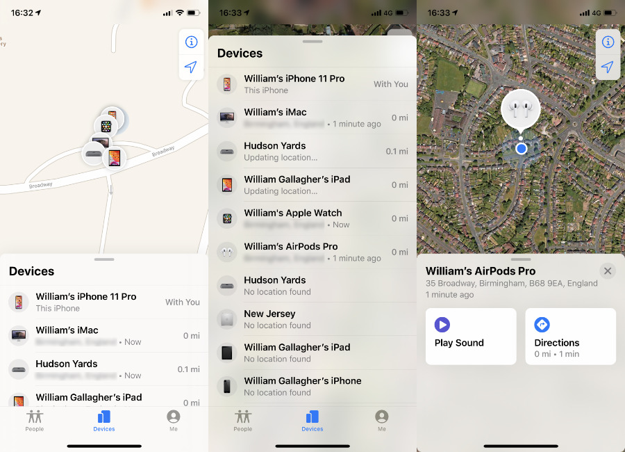 You may have to scroll to find the AirPods listing, but then when you tap on them, you get details of where they are