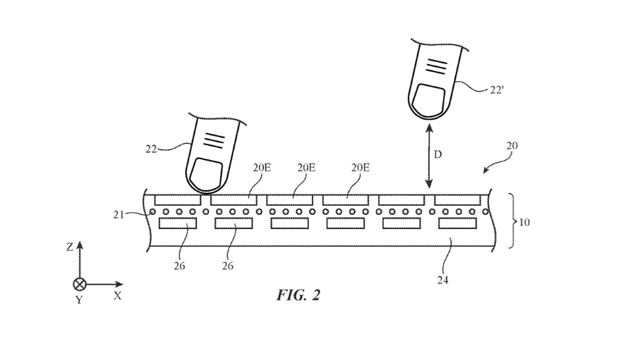 Cross-section from the patent showing how a Touch Bar-like sensor strip could detect both taps and gestures in the air