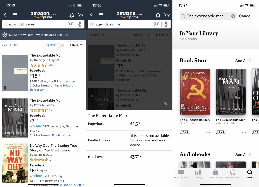 (Left and Middle) Kindle has everything, but is a little cumbersome and text doesn't always look great. (Right) Apple Books looks nicer, but lacks many titles
