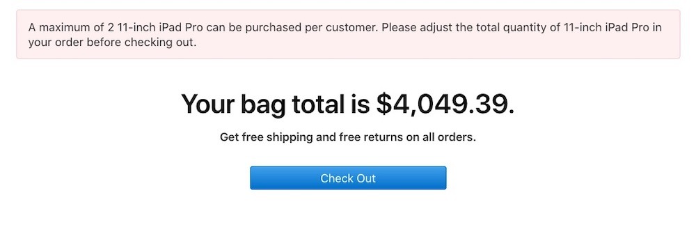 An example of the order limit text in the U.S., which only appears during the checkout process if more than two iPads are in the bag.